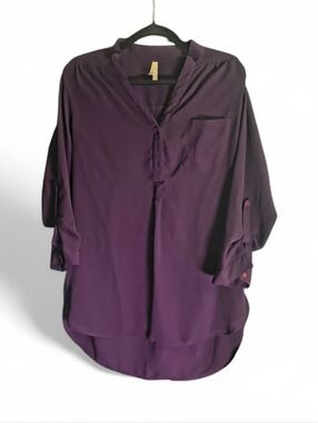 Truth Burgundy Sheer Blouse Size L 3/4 Sleeve Button Tab Lightweight High Low
